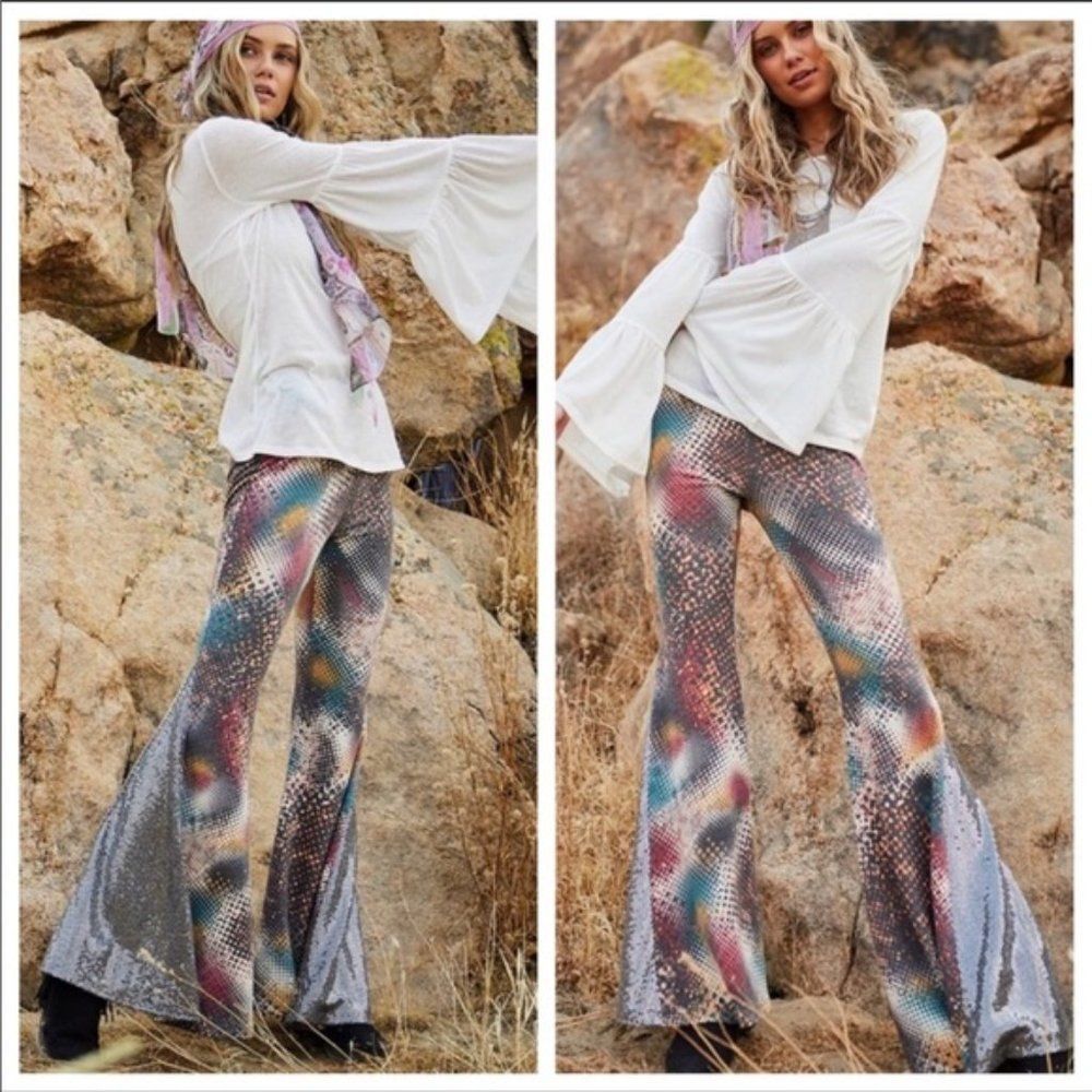 Festival Snakeskin Bell Bottom Pants ~ Hippie Gypsy Boho ~ Soft Knit Flare ~ NEW